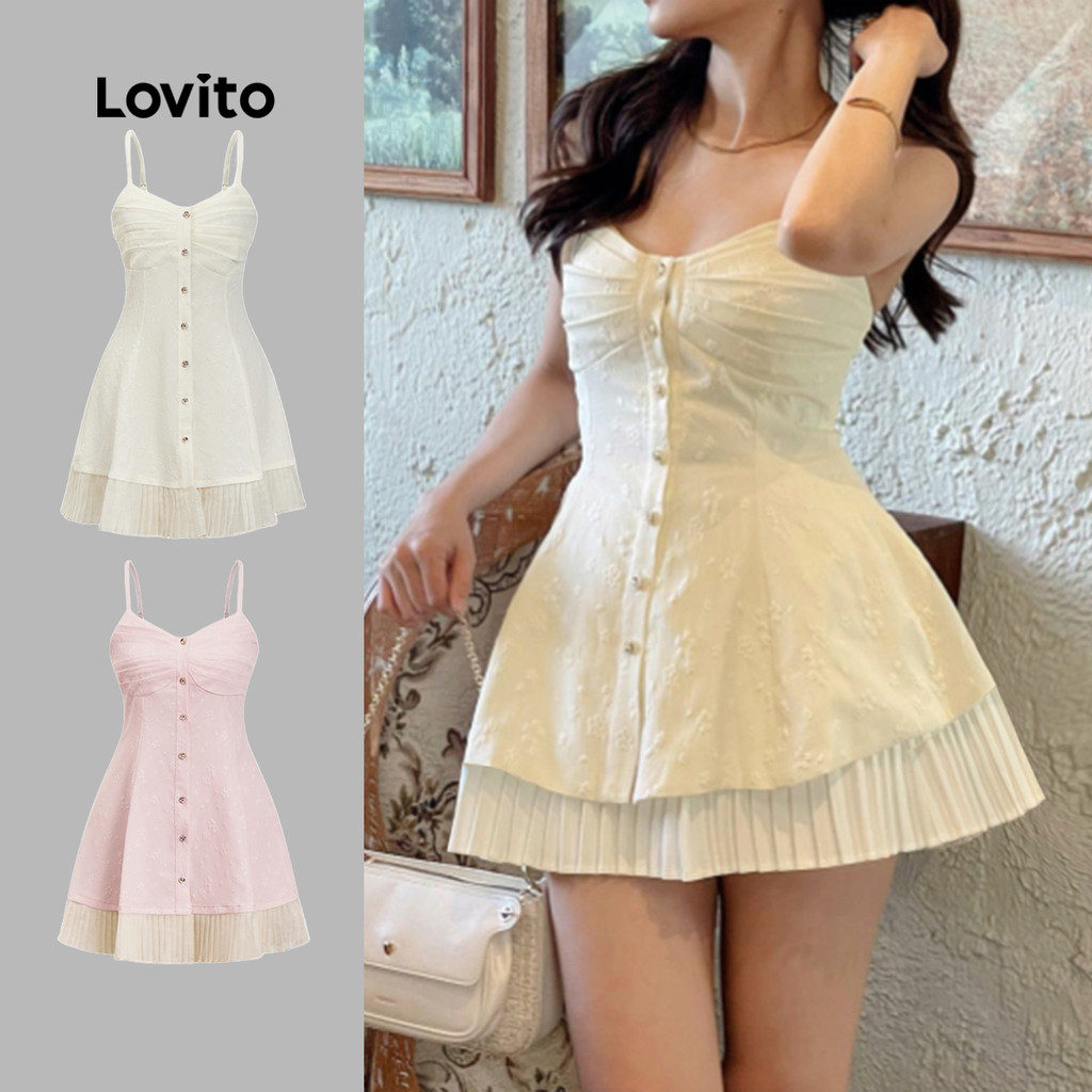 (Hot) Lovito Vestido Casual Verão Plissado Jacquard Botão Vestido Para Mulheres L86ED347 - Women Clothes