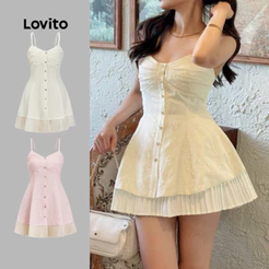(Casual) Lovito Vestido Verão Plissado Jacquard Botão Vestido Para Mulheres L86ED347