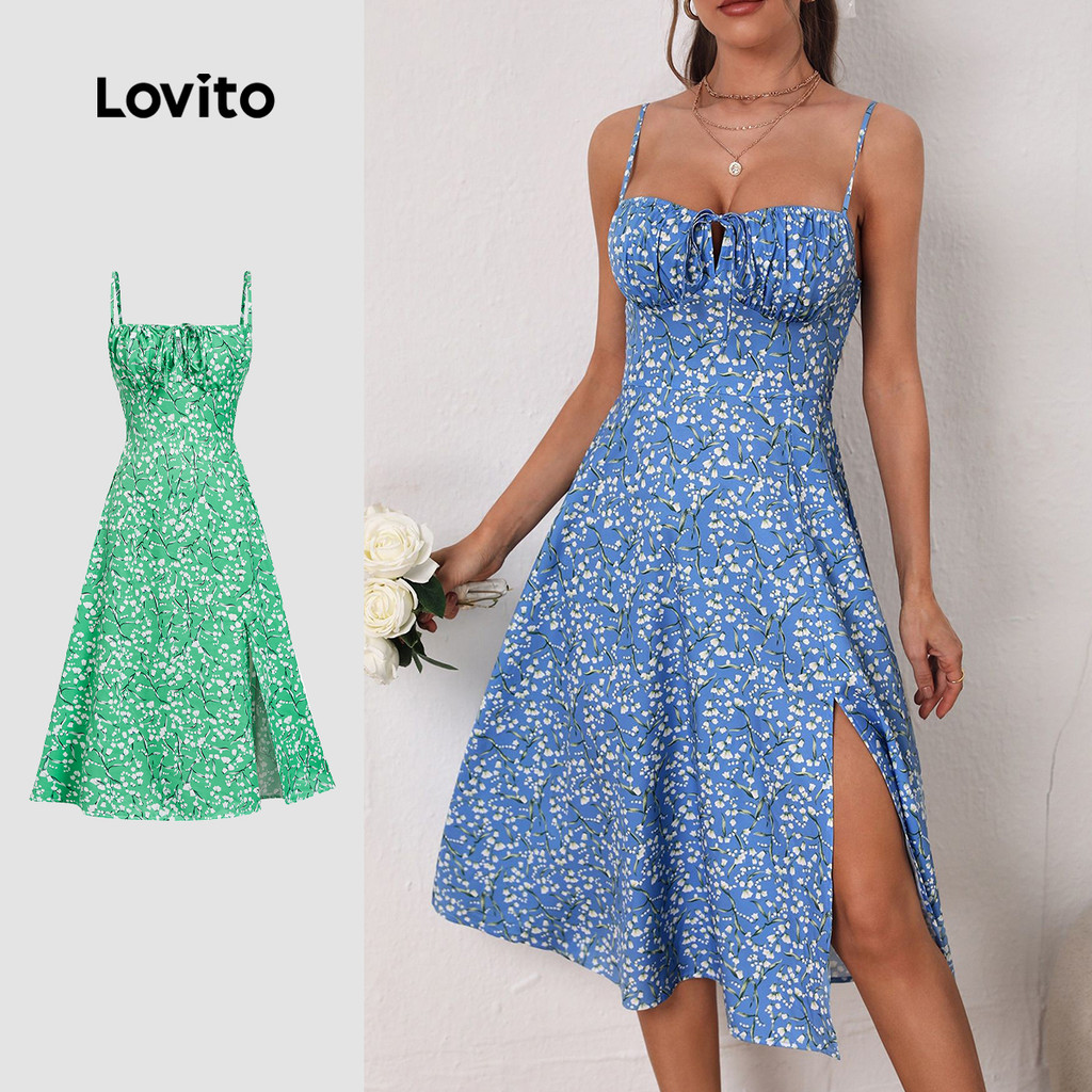 (Hot) Lovito Vestido Boho Ditsy Floral Dividido Frontal Com Renda Para Mulheres LNE31004 (Azul) - Women Clothes