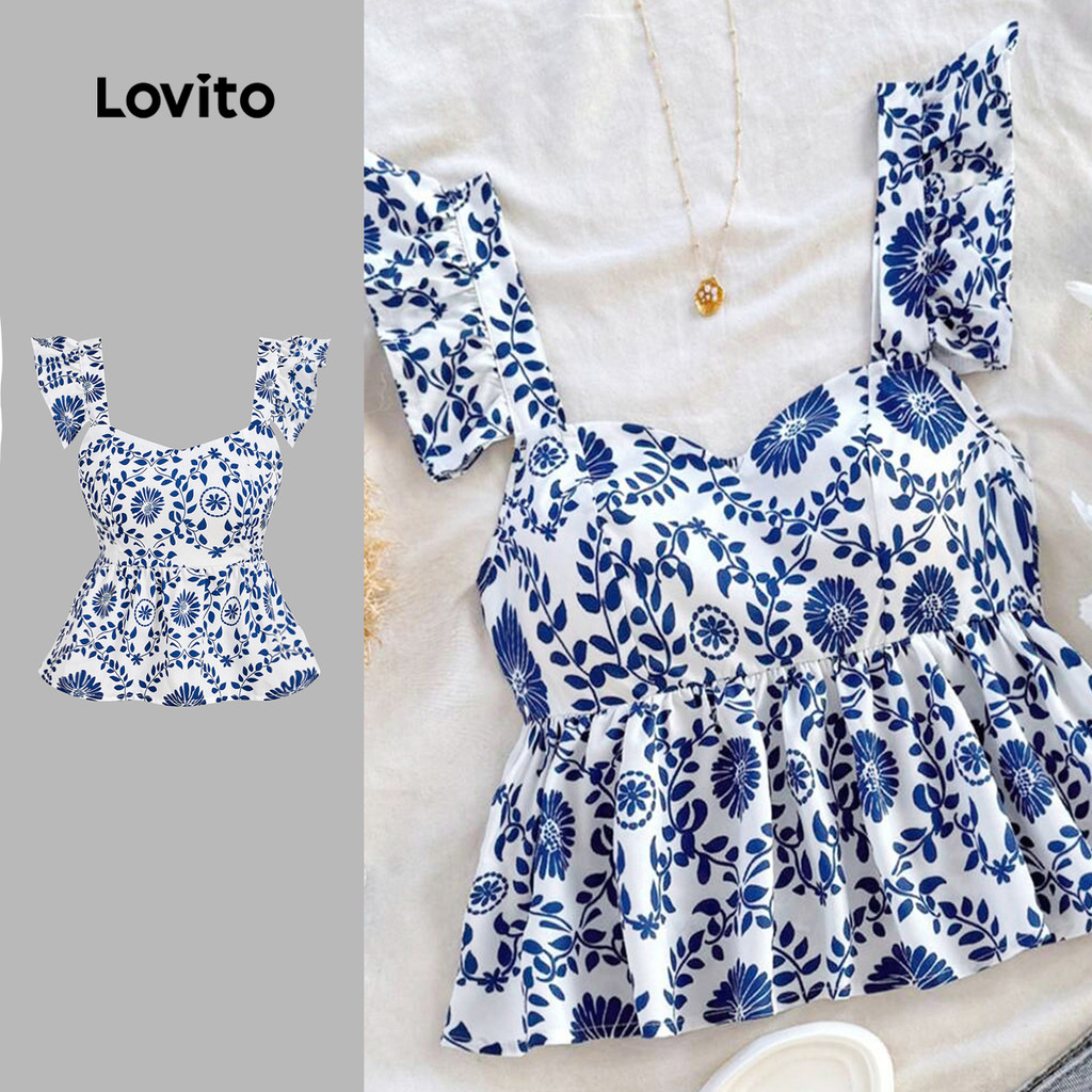 Lovito - Regata Feminina Casual Com Estampa Tribal E Babados Primavera/Verão Azul L134ED975 em Oferta na Shopee