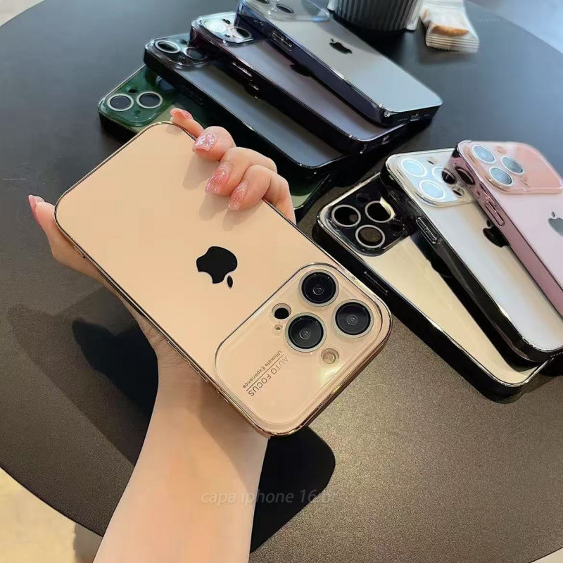 Luxuosa Capa De Telefone Fosca Com Lente Grande Para iPhone 16 , 15 , 14 , 13 , 12 , 11 Pro Max material De Vidro