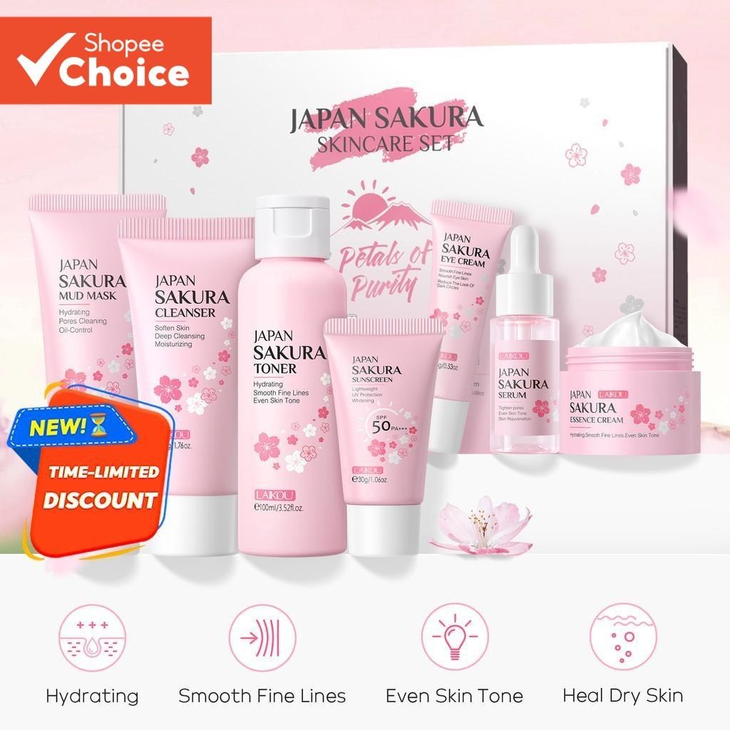 【 LAIKOU Japan Sakura Skin Care Set 7pcs 】 Reduce Pontos/Anti-Rugas/Radiante/Hidratante/Pele Suave