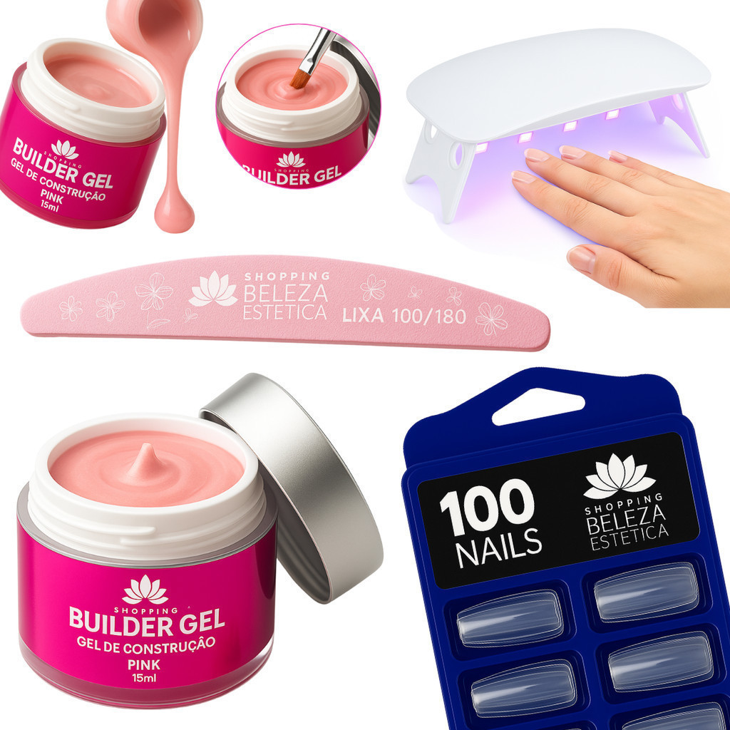 Kit Gel Construtor Unhas Profissional – Tips + Lixa + Mini Cabine UV/LED – Nail Designer Completo