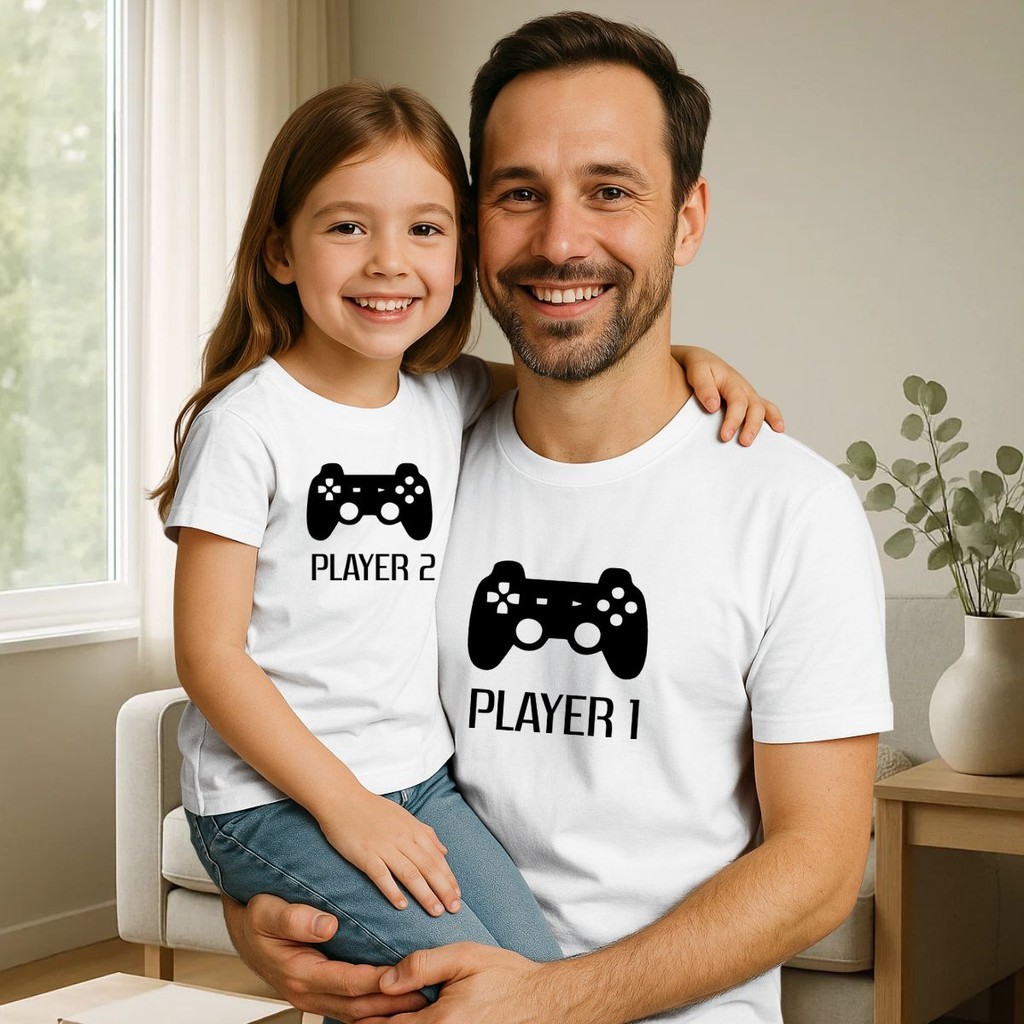 Kit De 2 Camisetas Dia dos Pais Presente Player 1 e Player 2 Jogos Video Game Geek Nerd Conjunto Combinando