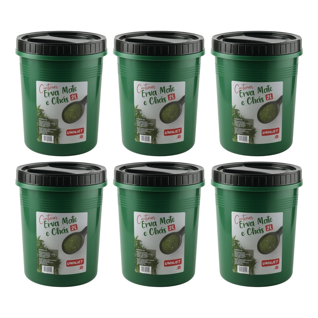 Kit 6 Pote Plastico Redondo 2L para Armazenar Erva-Mate e Chás Tampa Rosca, Cor Verde
