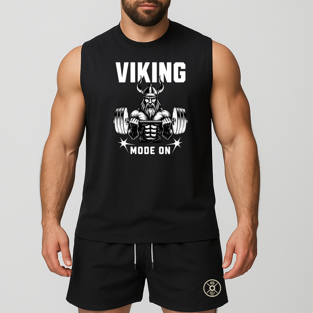 conjunto regata oversized e short de tactel de academia másculino estampada viking mode on