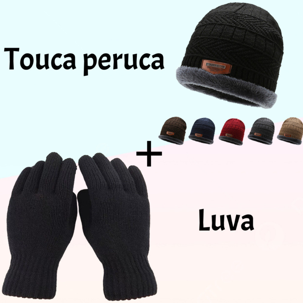 KIT Touca peruca + luva lá Adulto Unissex Básica Gorro Lã Preta Inverno Frio TOUCA +LUVA