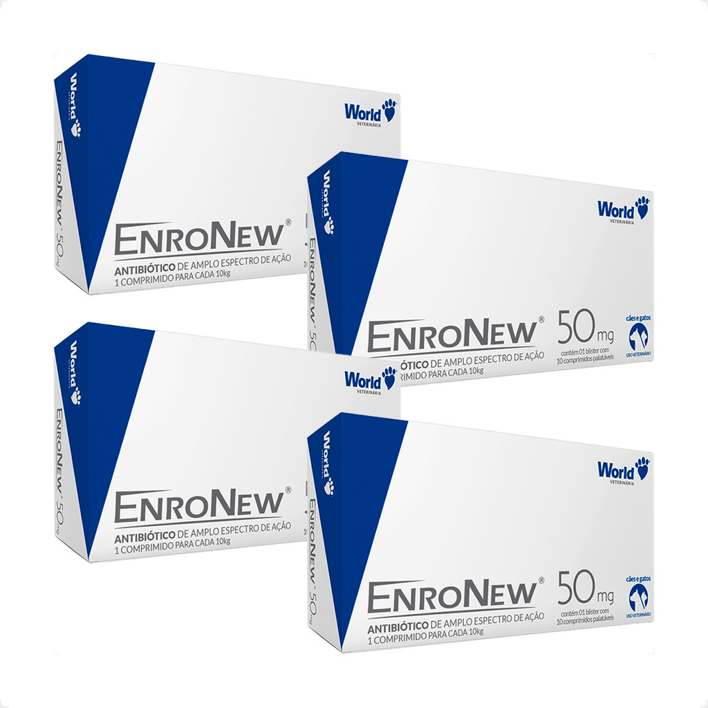 Kit 4 EnroNew World 50mg para Cães e Gatos de até 10kg - 10 Comprimidos
