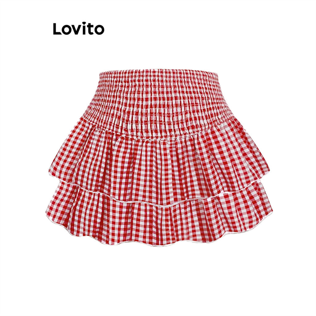 (Trendy) Lovito Saias Fofas Saia Com Fivela De Placa De Guingão Para Mulheres L110AD476 - Women Clothes