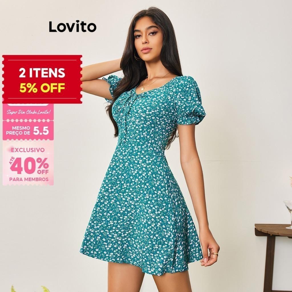 (Trendy) Lovito Vestido Casual Ditsy Floral Com Zíper Para Mulheres LBA05078 (Multicolorido)