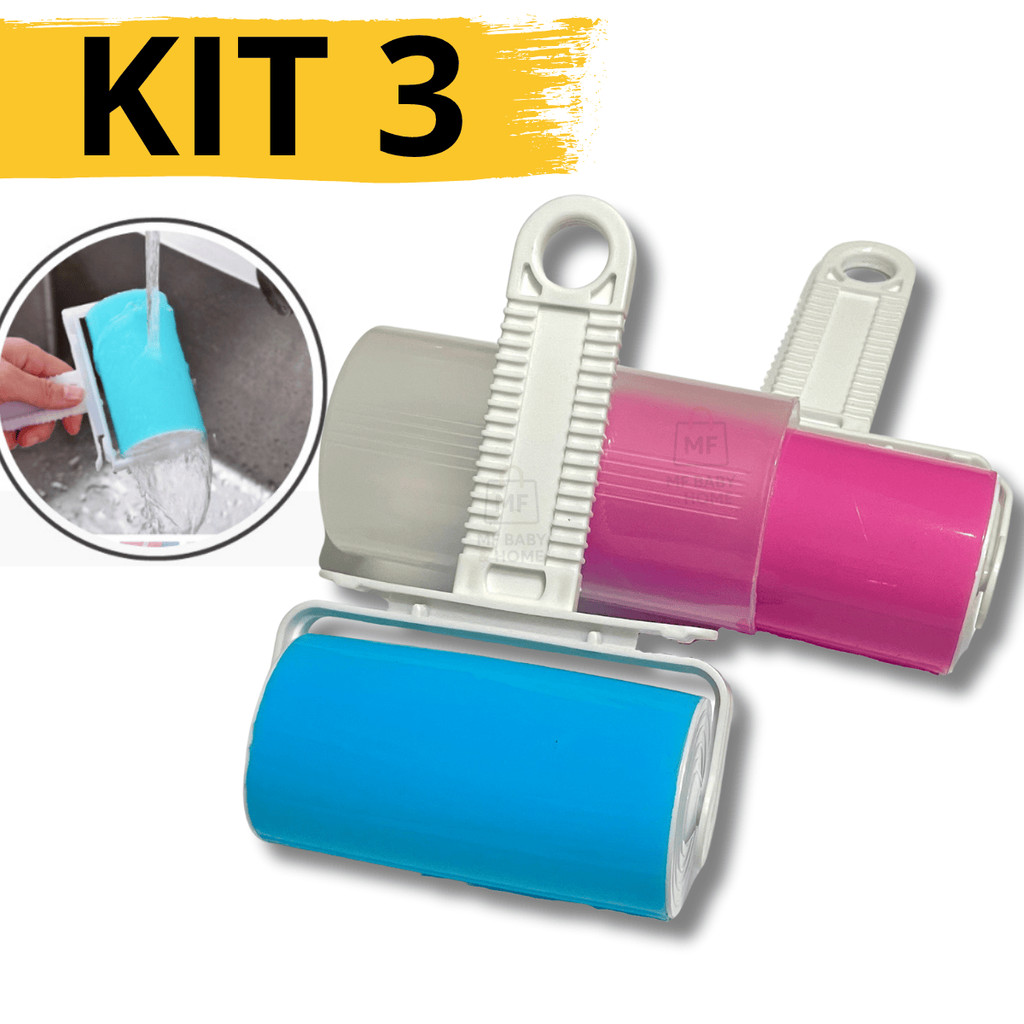 Kit 3 Rolo Tira Pelos Lavável Reutilizável Roupa com Capa Protetora
