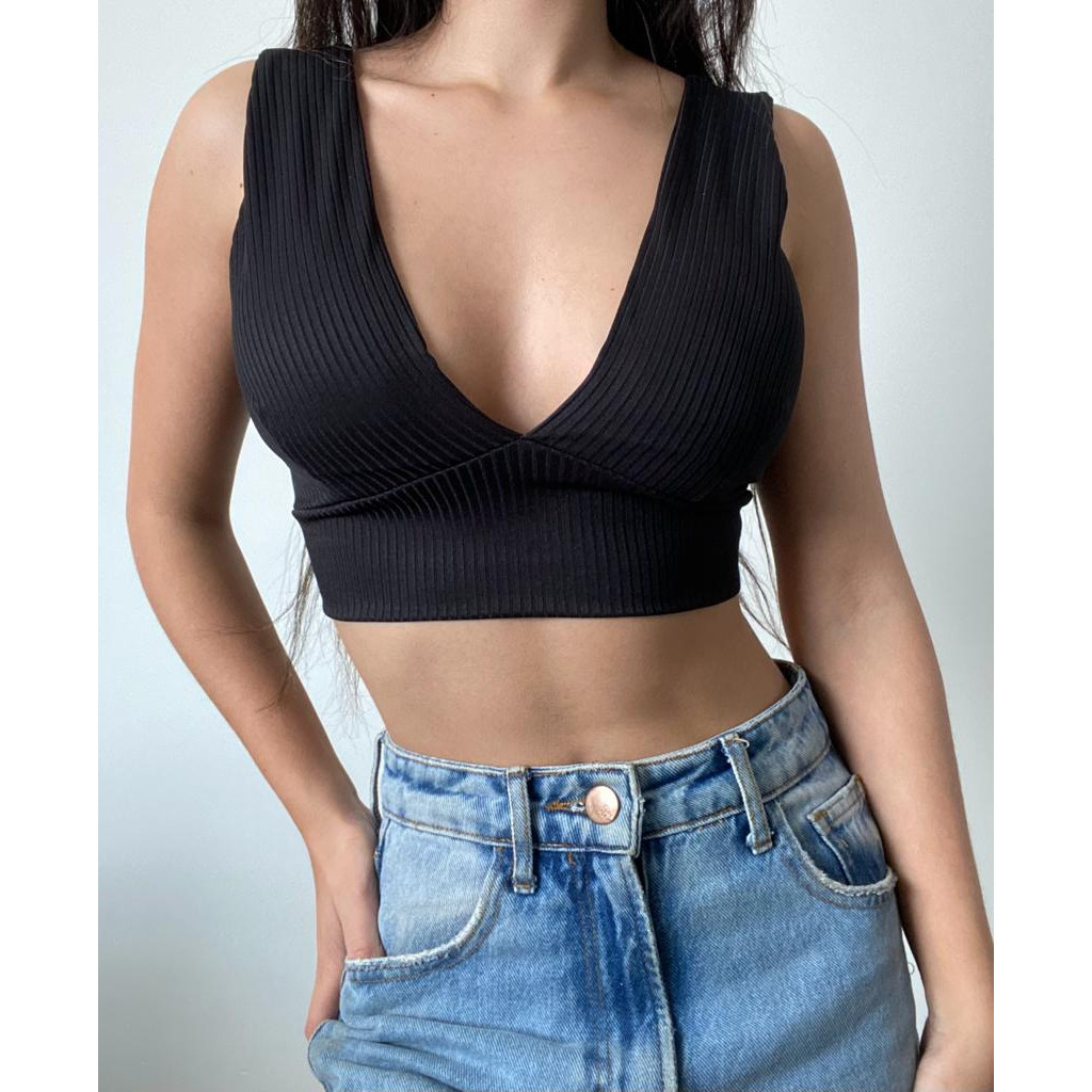 Cropped Decote V com Bojo Top Canelado Elegante