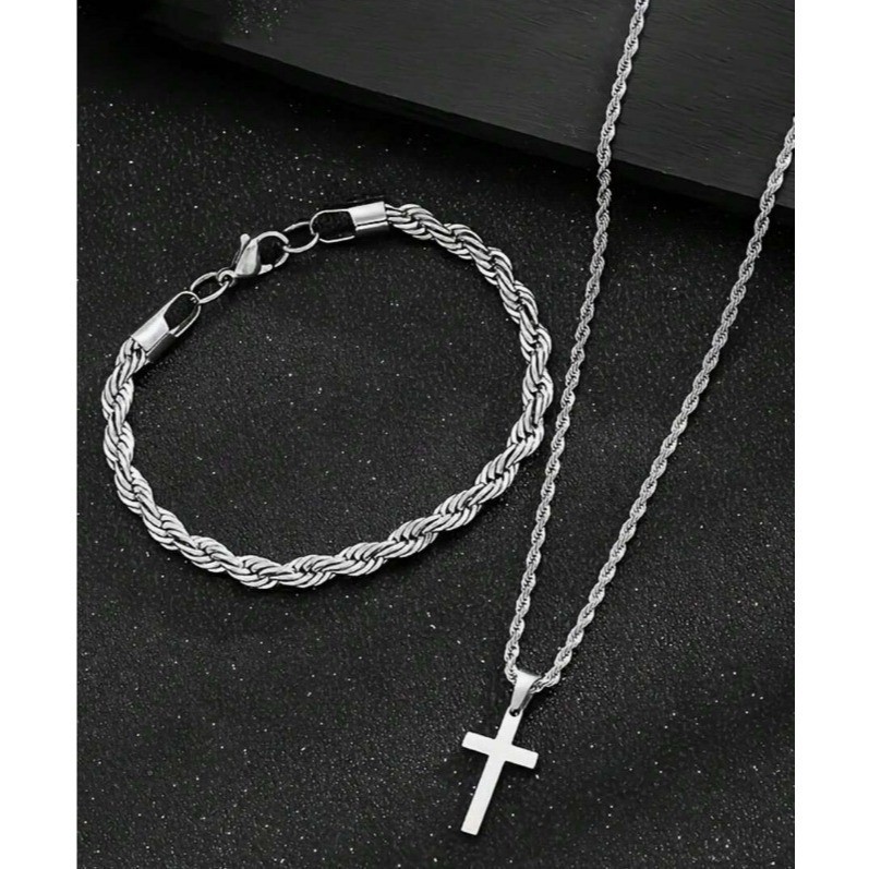 Conjunto Pulseira e Corrente 60 cm Masculino Feminino Trançado Cordao Baiano Prata Aço inox
