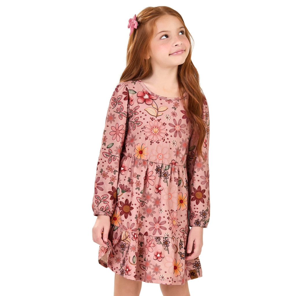 Vestido Infantil Menina Manga Longa Babados Floral Elian Rosa - Baby & Kids Fashion