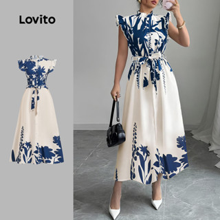 Lovito Vestido Elegante com Cinto  Botões e Babados  para Primavera/verão  feminino LBL27162 em Oferta na Shopee