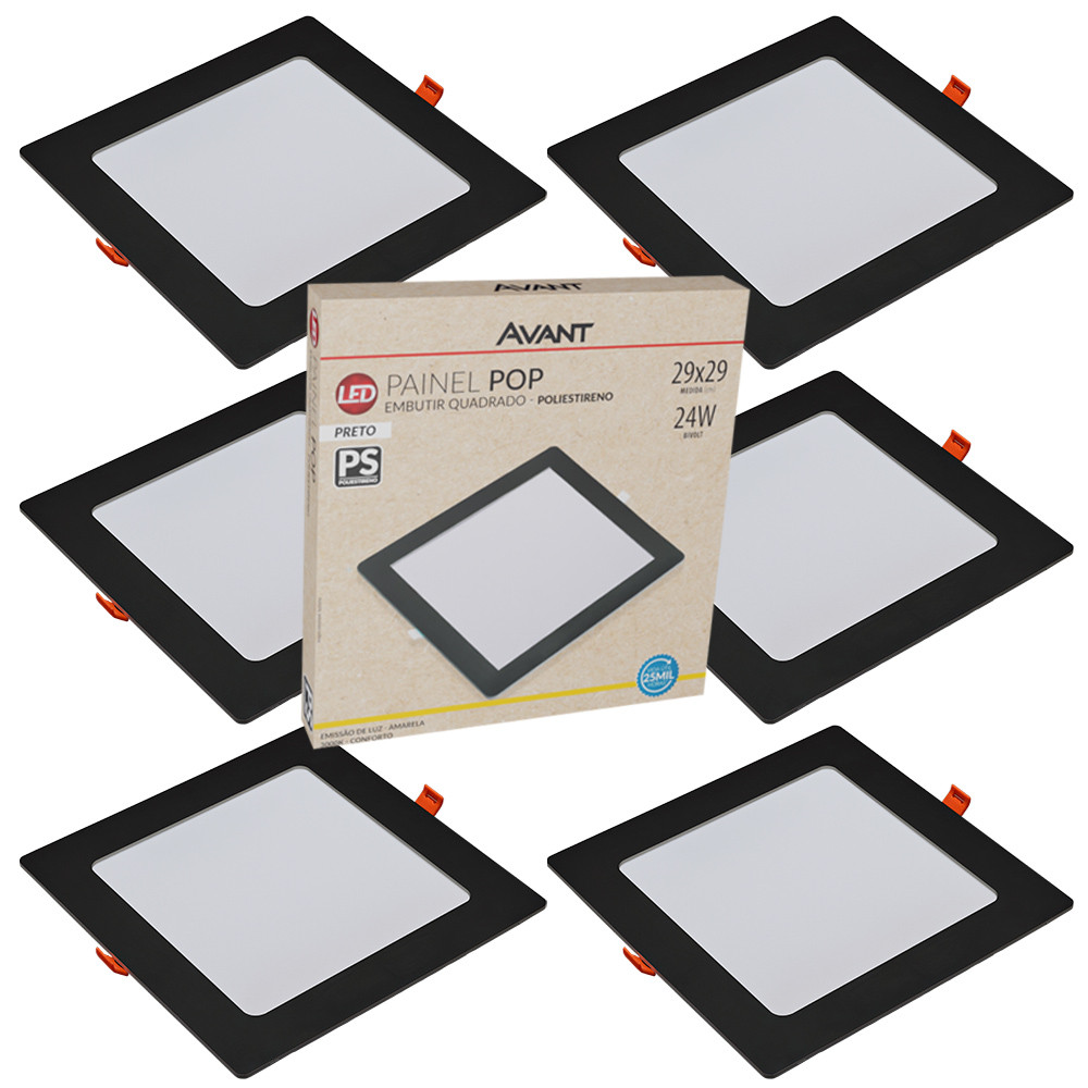 Kit 6 Painel Plafon Quadrado Embutir 24W Luz Branco Quente 3000K Bivolt 127v 220v em Oferta na Shopee