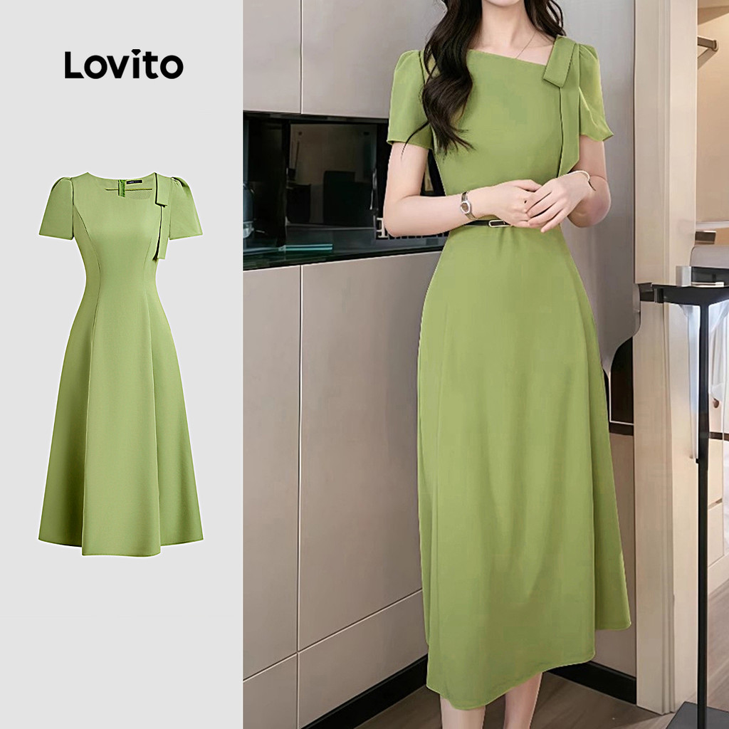 (New) Lovito Vestido Elegante Assimétrico com Laço  Vestido Verde de Primavera/verão para mulheres L142ED227