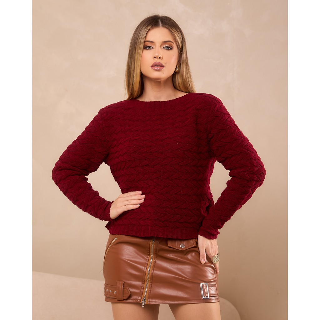 Blusa Feminina Tricô Mousse Textura Trançada Manga Longa Gola Canoa Casual Elegante