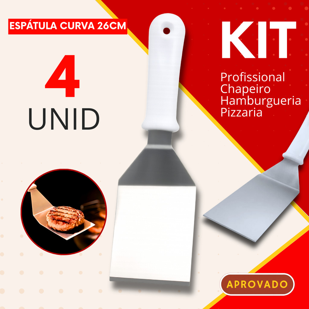 Espatula Curva Kit 4, 2, ou 1 Peça para Chapeiro Hamburgueria Pizzaria Restaurante Lanche Hamburguer