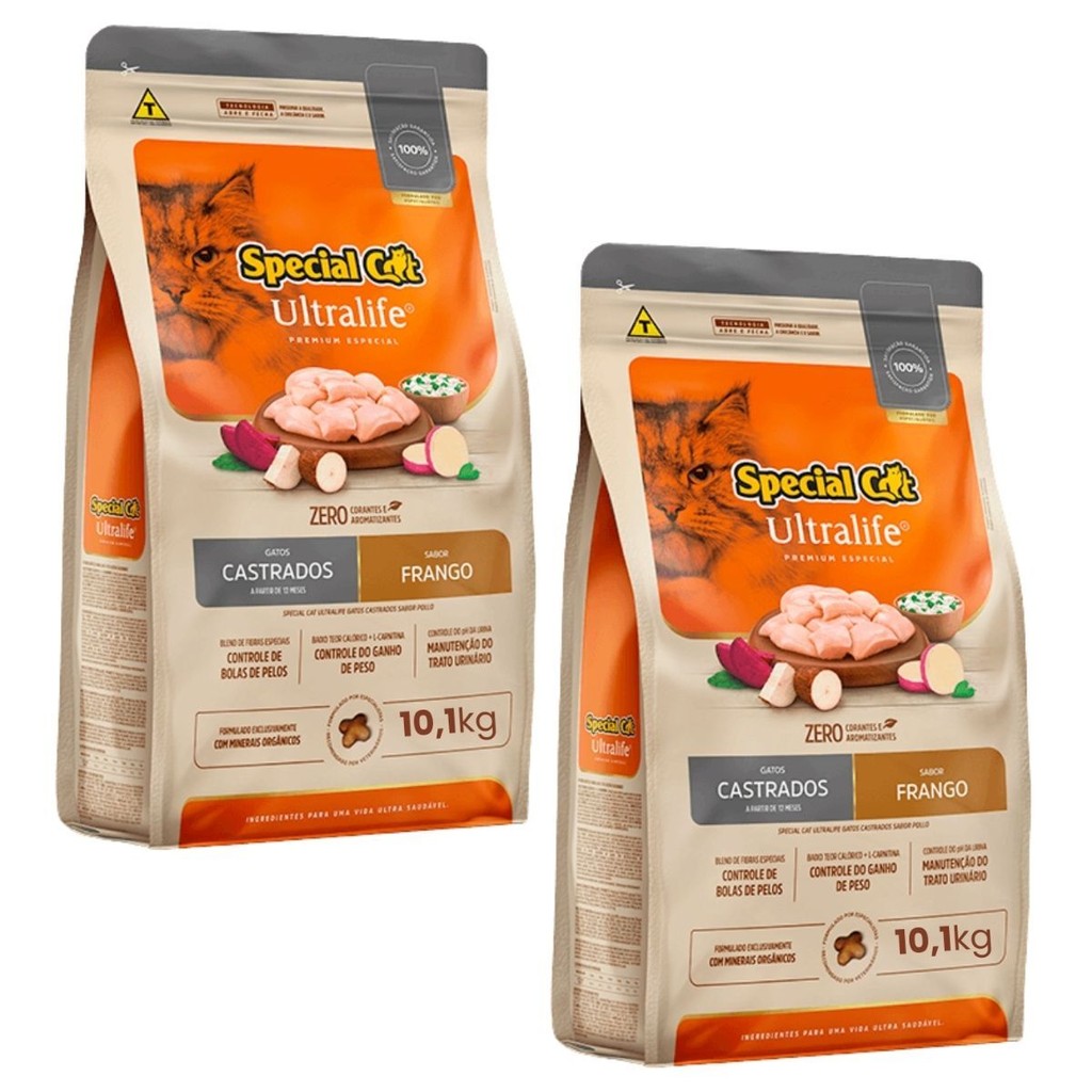 Kit 2 Ração Special Cat Ultralife Castrados Frango 10,1Kg