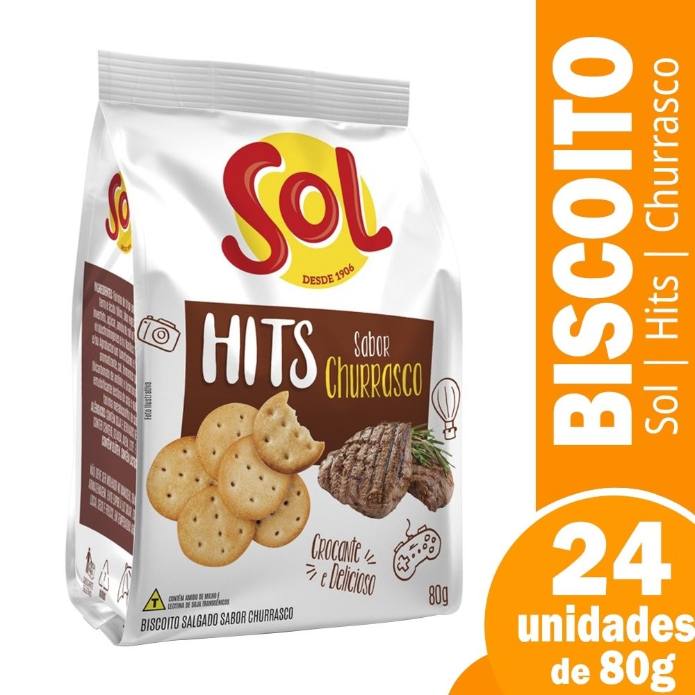 Biscoito Salgadinho Hits Sol Churrasco 80g - Embalagem c/ 24 Unidades