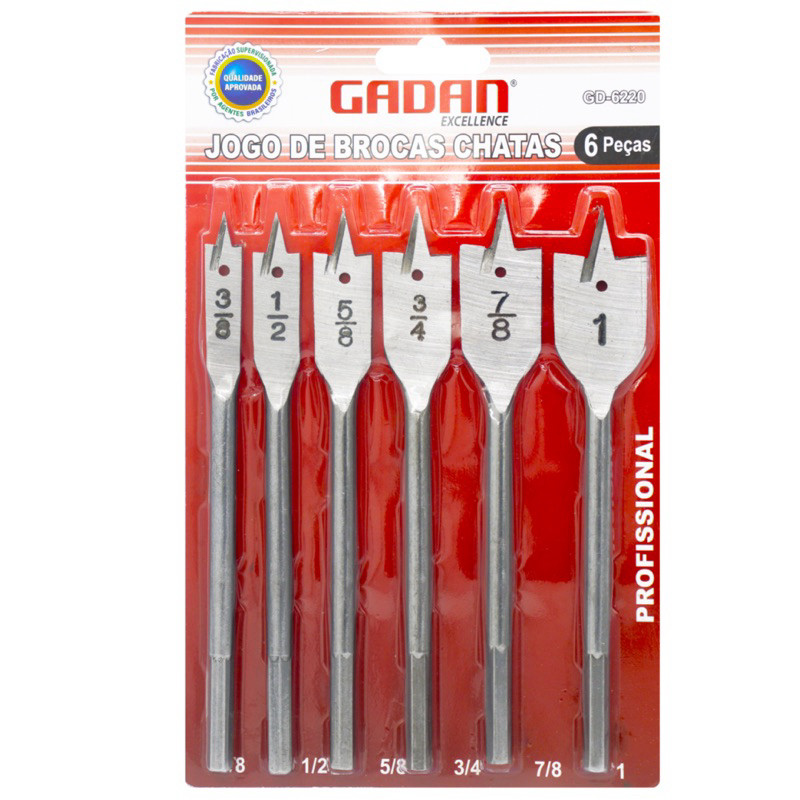 Jogo de Brocas Chatas 6 Peças Broca para Madeira, Tamanhos 3/8,1/2,5/8,3/4,7/8 e 1 Pol.  Profissional para Furadeira em Oferta na Shopee