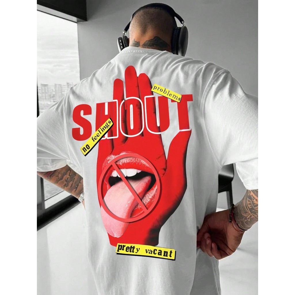 Camiseta Masculina Lançamento Casual de Verão com Estampa de Letras e Lábios com Gola Redonda e Manga Curta Envio 24 Horas
