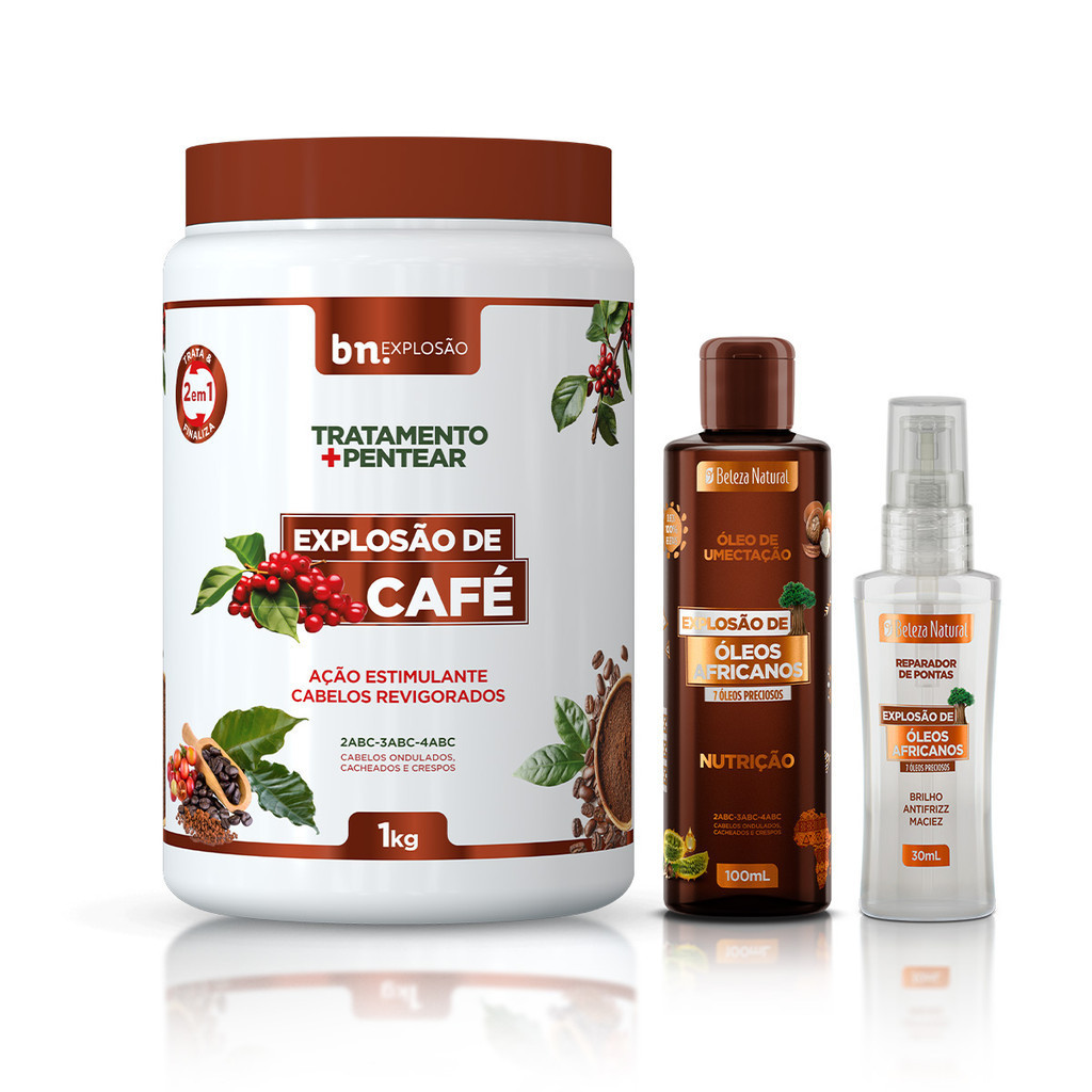 Kit Beleza Natural Creme de Pentear e Tratamento Explosão de Café + 2 Óleos bn.Explosão em Oferta na Shopee