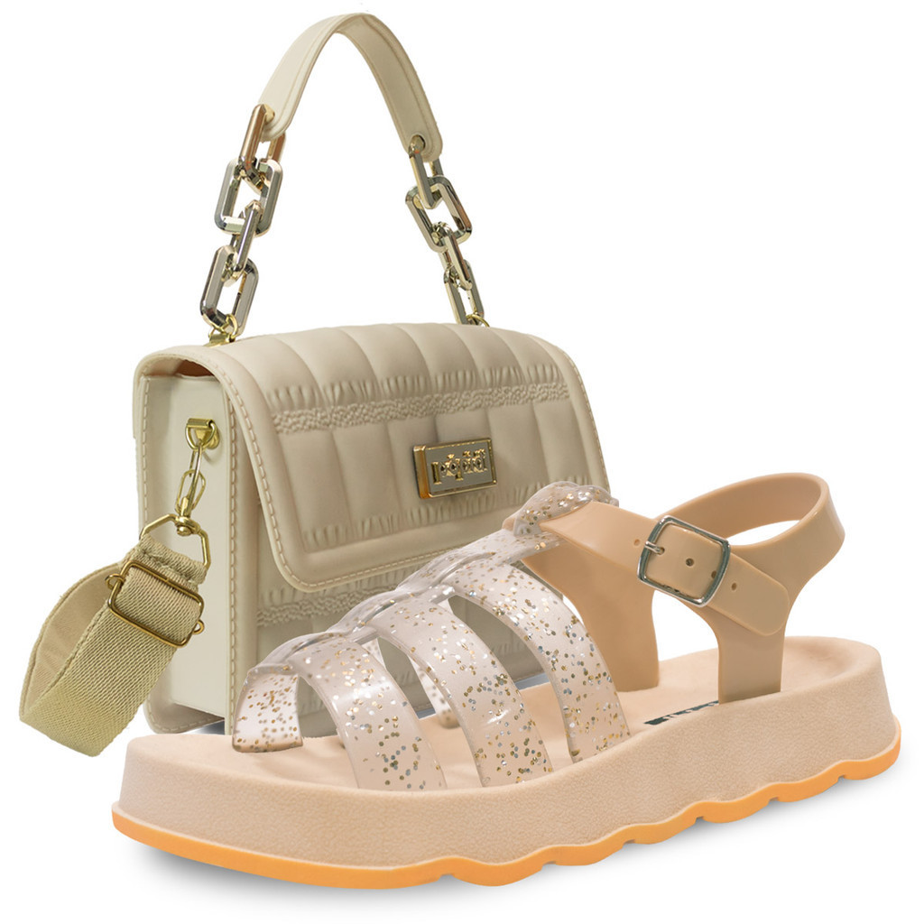 Kit Bolsa E Sandalia Juvenil Menina Casual Leve Glitter K24