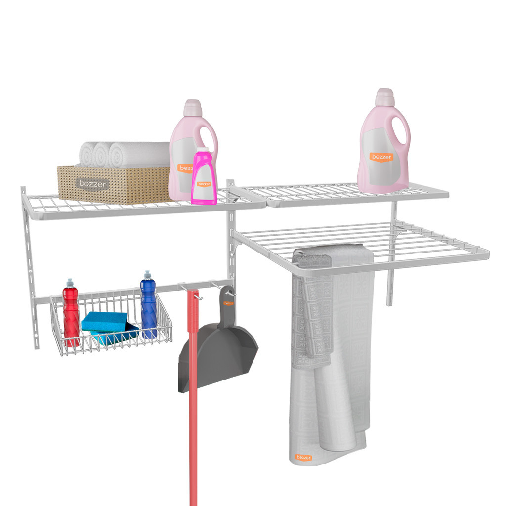 Organizador Modular Lavanderia 2 Prateleiras e Varal de Parede Arara 120x50cm Estante Aramado