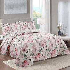 Kit Cobre Leito Colcha Mix Queen Estampado Dupla Face Floral 3 Peças - Sirlene - Rosa