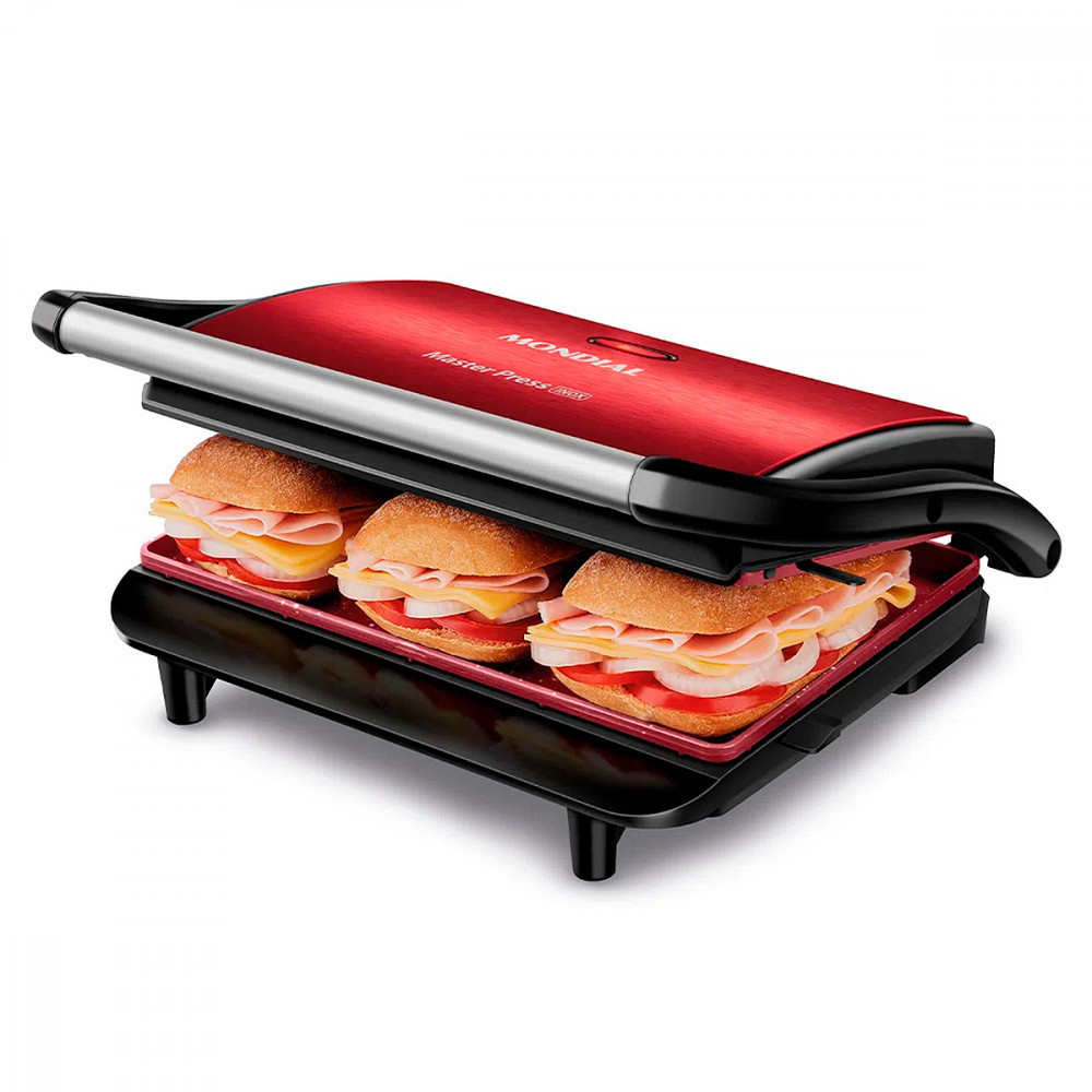 Press Grill e Sanduicheira Mondial 1000W 220V Vermelho/Inox – PG-01-RC