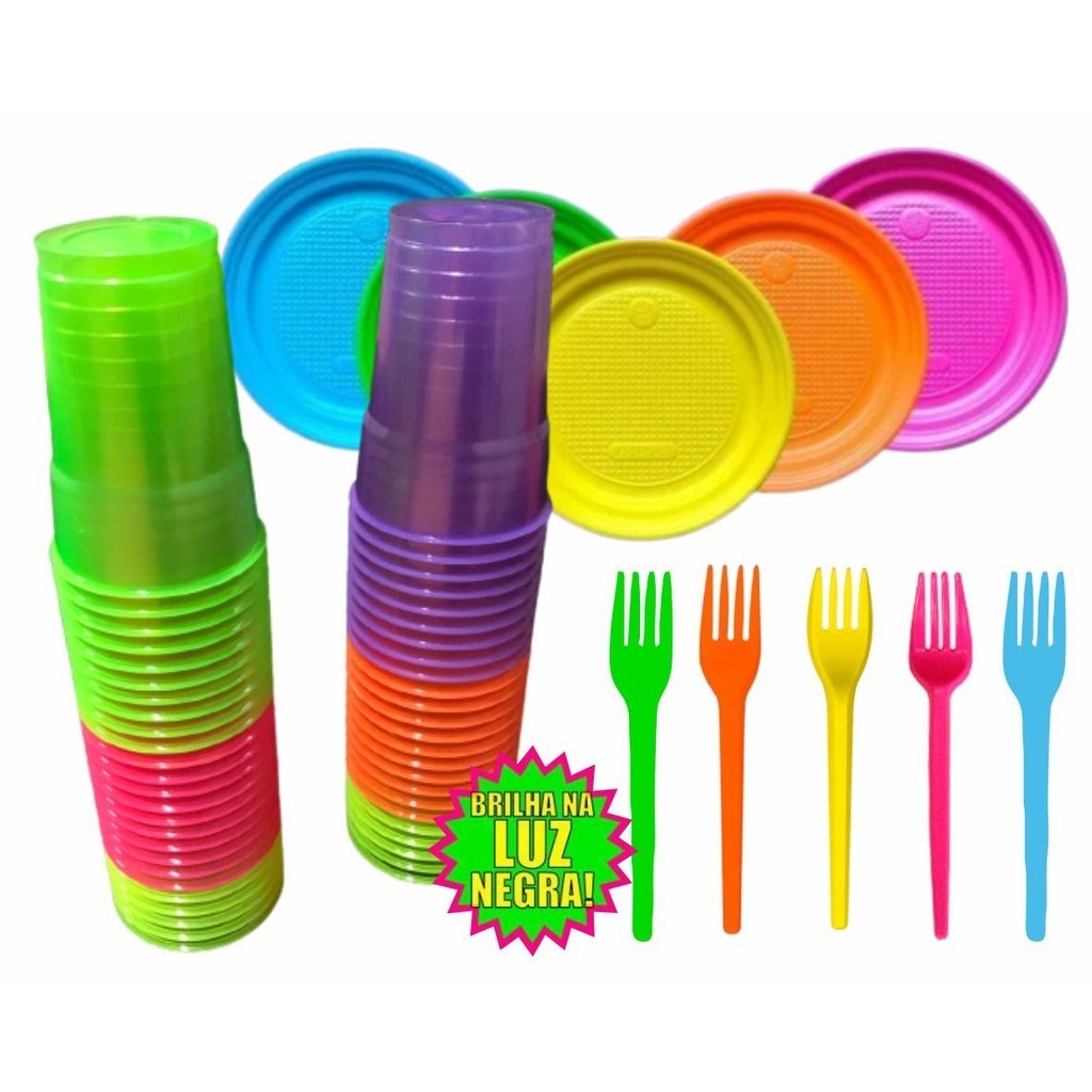 Kit 50 Copos Neon + 50 Pratinhos + 50 Garfinhos Neon em Oferta na Shopee