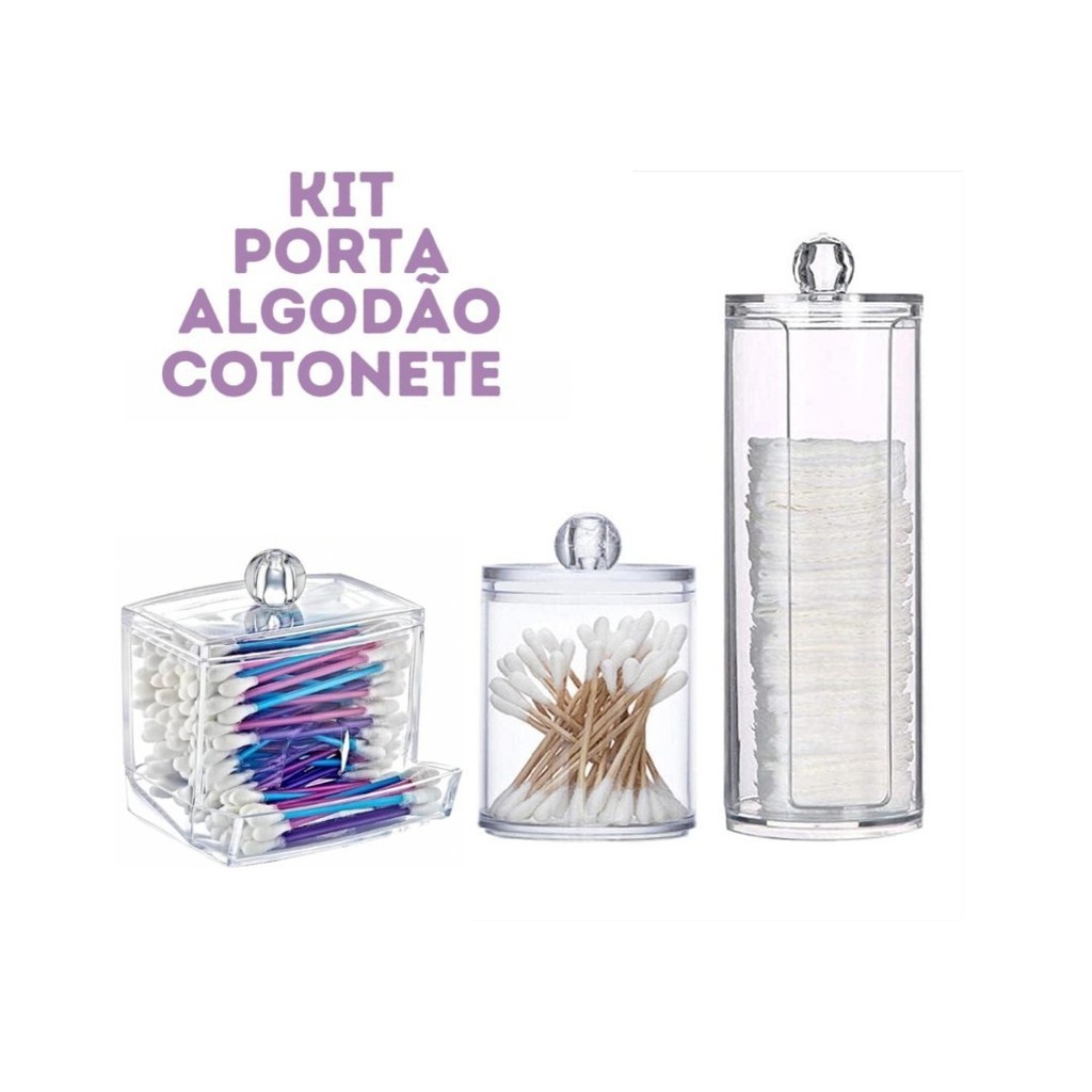 Kit Completo Porta-Cotonetes e Algodão 3 Peças - Organização Prática e Elegante para Seu Banheiro