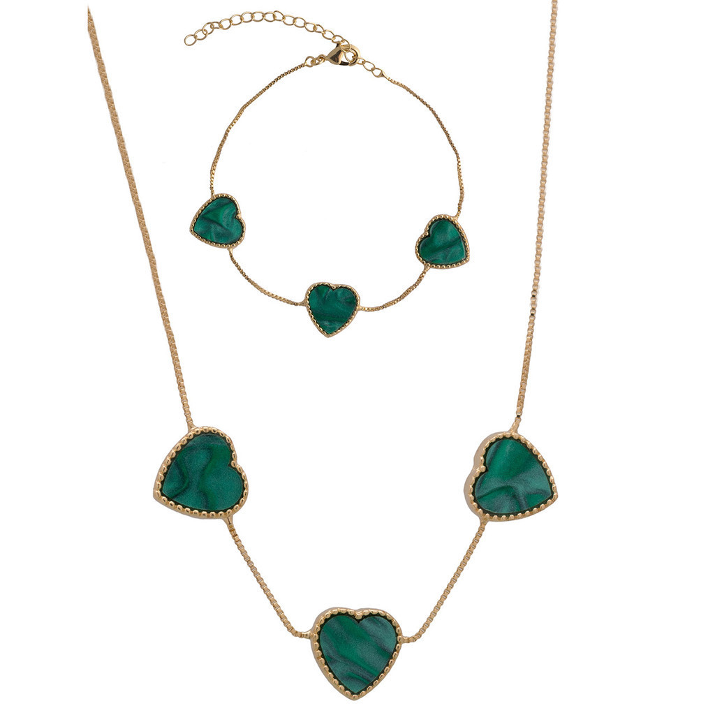 Conjunto Choker + Pulseira Coração Verde Banhado a Ouro 18K