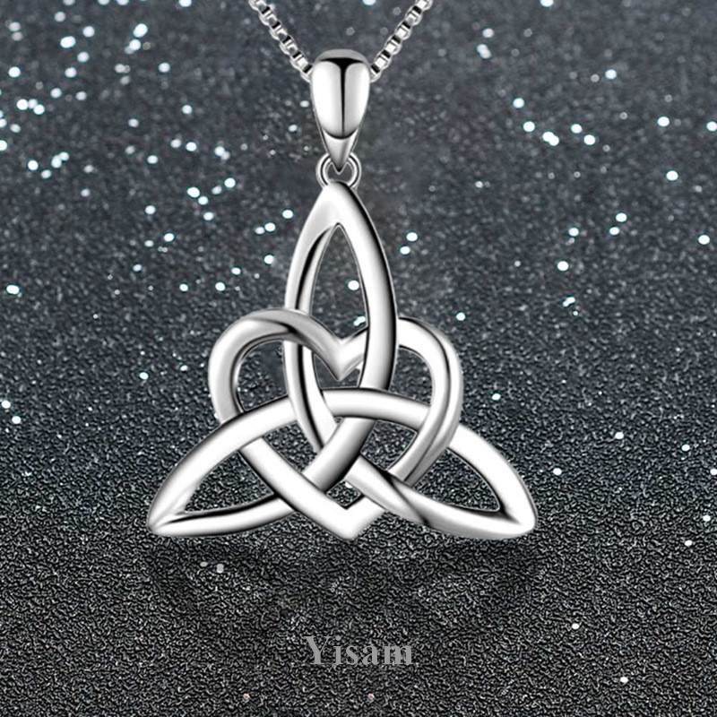 Yisam S925 Prata Sterling Boa Sorte Triângulo Celta Irlandês Nó Vintage Love Heart Pendant Necklace