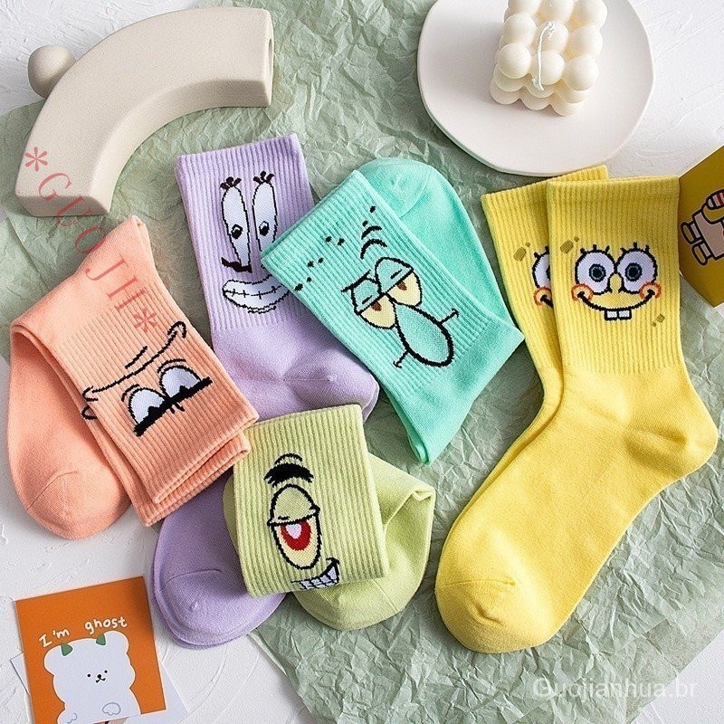 GUOJH ( 5 Pares De Meias ) Meias Unissex Bob Esponja, Meias De Casal em Oferta na Shopee