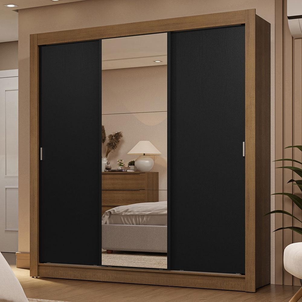 Guarda-Roupa Casal 3 Portas de Correr com Espelho 2 Gavetas Rustic/Preto Sublime Madesa em Oferta na Shopee