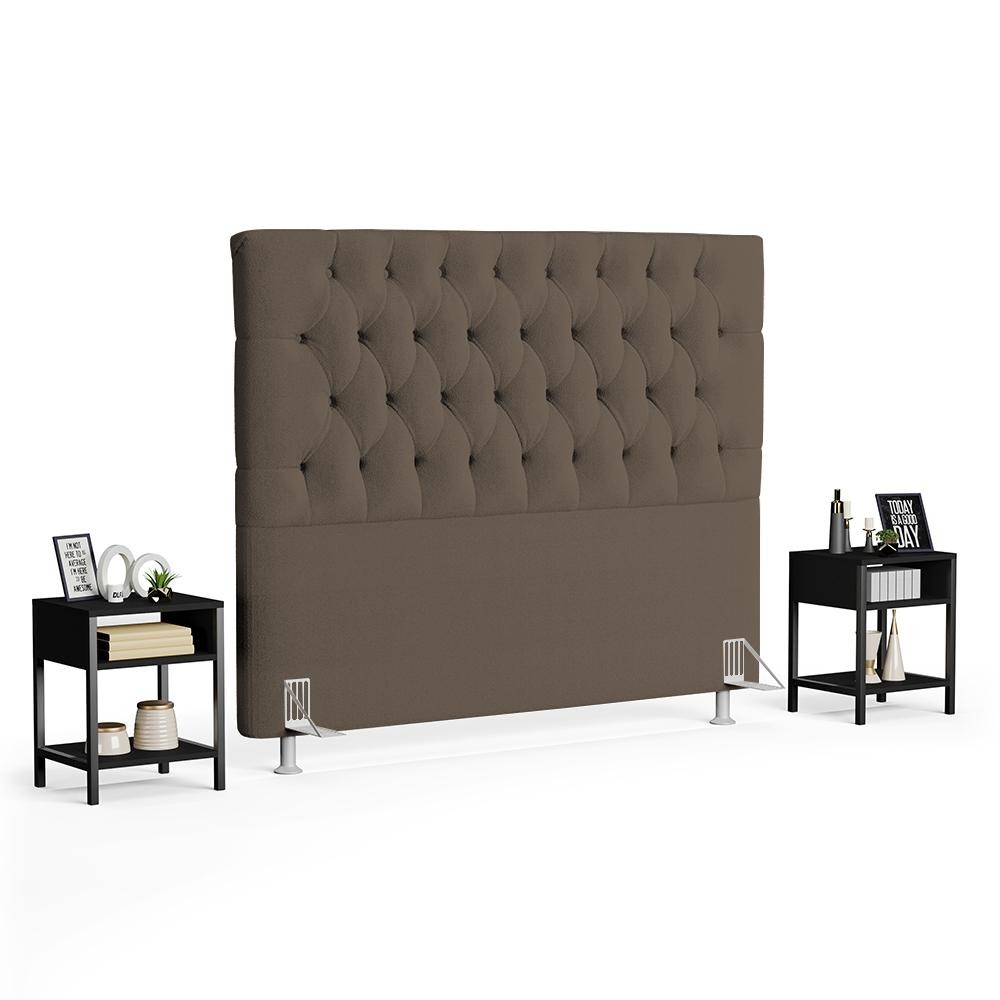 Cabeceira Casal Queen 160cm Cristal Bouclê Marrom e 2 Mesas Laterais Plaza LC1 Preto - Mpozenato