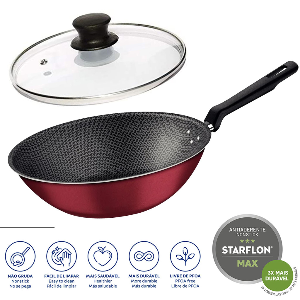Frigideira Tramontina Wok Funda Antiaderente 28Cm 3,6L Loreto Tampa Opcional  Vermelha Interno Preto