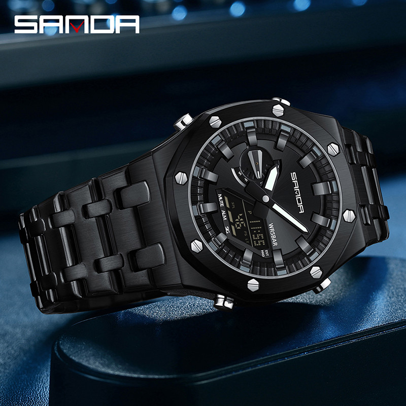 Detalhes do SANDA Nova Série De Tiras De Aço Moda Negócios À Prova D'água Luminosa Relógio Eletrônico Masculino SD3357-2
