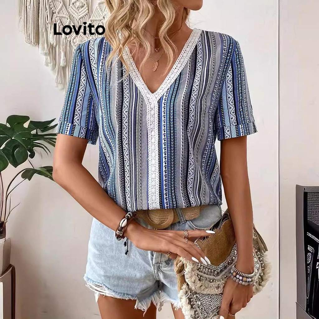 Lovito Blusa elegante de renda com listras arco-íris para mulheres  LNL73211