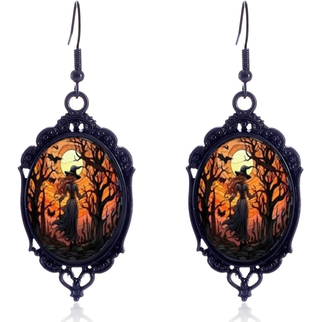 Brincos de Camafeu de Bruxa Gótica Misteriosa, Brincos Pendentes de Bruxa em Cristal Vintage, Brincos Misteriosos Estilo