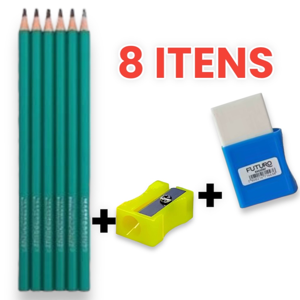Kit 8 ITENS  6 lápis escrever preto + uma borracha com capa + apontador ESCOLAR