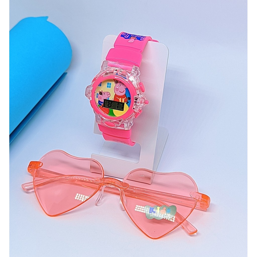 Kit Relógio Infantil Digital Pisca Luz Led Toca Musica Peppa Pig Desenho + Óculos de Sol Menina Coração Flexível Luxo em Oferta na Shopee
