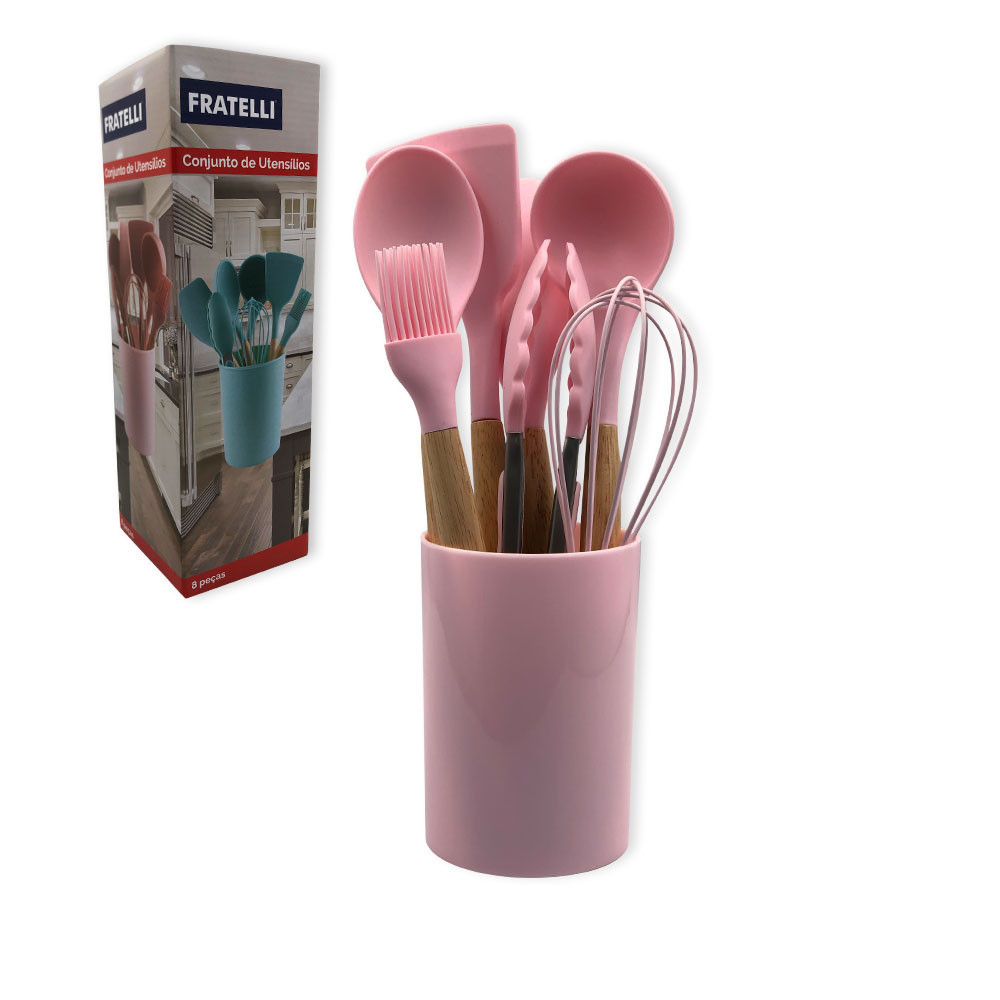 Utensilios de Cozinha para panelas Antiaderente Silicone kit 8 Peças - Rosa Talheres para Servir e Cozinhar