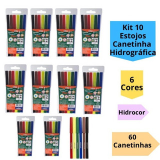 Kit 10 Estojos Canetinha Hidrográfica 6 Cores Hidrocor 60 Canetinhas Infantil Escolar Leo…