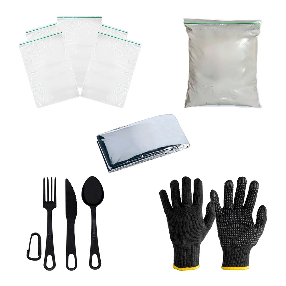 Kit Ziplock + Cal Virgem + Talher + Manta Aluminizada +Luva