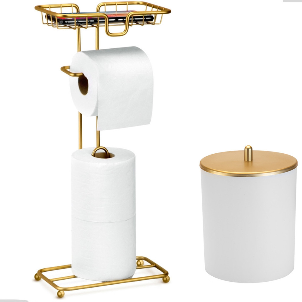 Kit Acessorios Papeleira de Chão Porta Papel Higiênico Lixeira Lavabo Banheiro Dourado Luxo Arthi