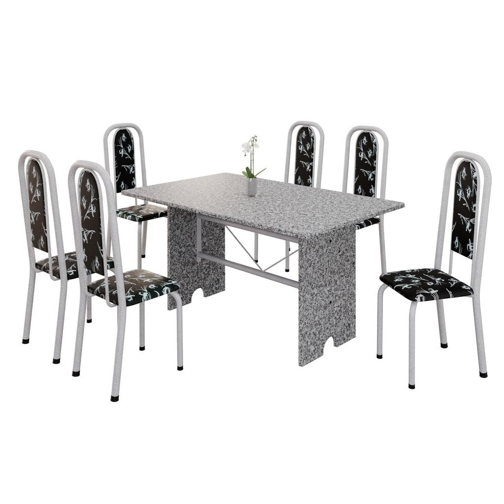 Conjunto de Mesa Tubular 6 Cadeiras 140x75cm Mart Perola com Tampo em Granito Ocre Letícia 070 - Tudo de Móveis